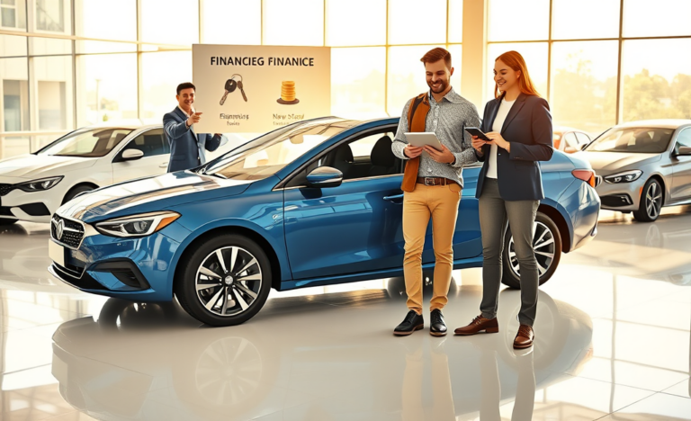 Pareja sonriente en concesionario moderno junto a auto nuevo azul, explorando opciones de compra financiada con menos entrada
