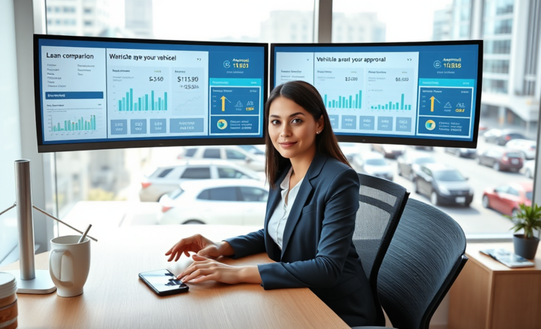 Profesional revisando comparativo de préstamos para vehículo con aprobación en línea en oficina moderna con vista urbana