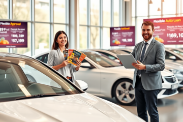 Pareja sonriente en concesionario moderno revisando opciones flexibles de financiamiento automotriz junto a agente de ventas