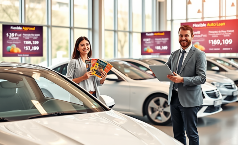 Pareja sonriente en concesionario moderno revisando opciones flexibles de financiamiento automotriz junto a agente de ventas