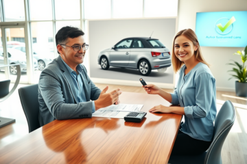 Cliente conversando con asesor financiero en oficina moderna de concesionaria para préstamo con garantía para auto con tasa baja y pago flexible