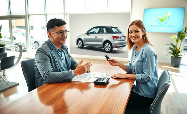 Cliente conversando con asesor financiero en oficina moderna de concesionaria para préstamo con garantía para auto con tasa baja y pago flexible