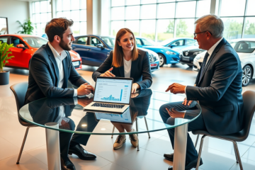 Pareja joven consultando con asesor financiero en una agencia de autos moderna sobre crédito personal para enganche