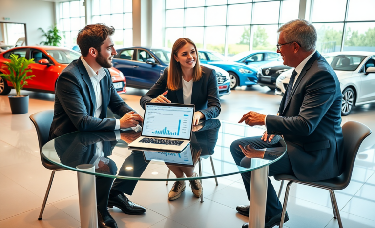 Pareja joven consultando con asesor financiero en una agencia de autos moderna sobre crédito personal para enganche