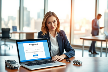 Mujer profesional usando laptop en oficina moderna durante proceso rápido y fácil de financiamiento automotriz en línea con modelo de auto en escritorio