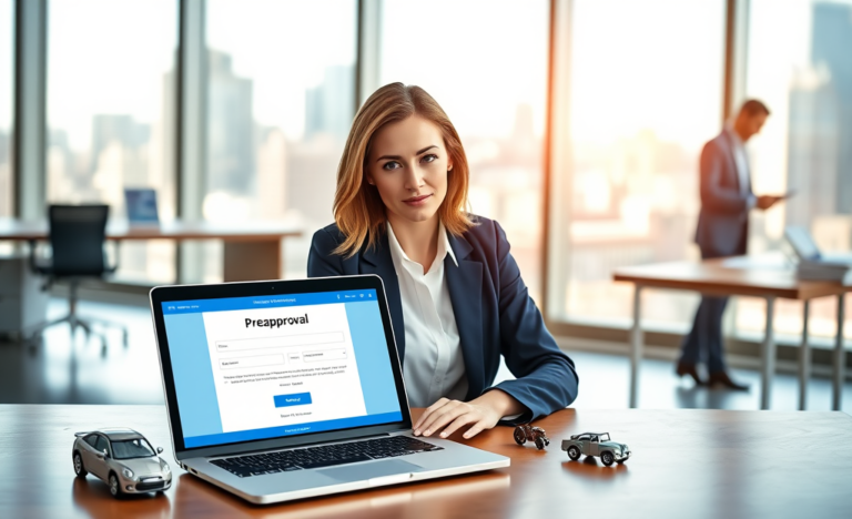 Mujer profesional usando laptop en oficina moderna durante proceso rápido y fácil de financiamiento automotriz en línea con modelo de auto en escritorio
