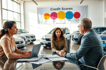 Pareja recibiendo asesoría financiera en concesionaria para crédito automotriz con baja puntuación en ambiente moderno y luz natural