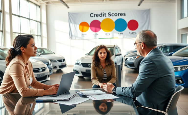 Pareja recibiendo asesoría financiera en concesionaria para crédito automotriz con baja puntuación en ambiente moderno y luz natural